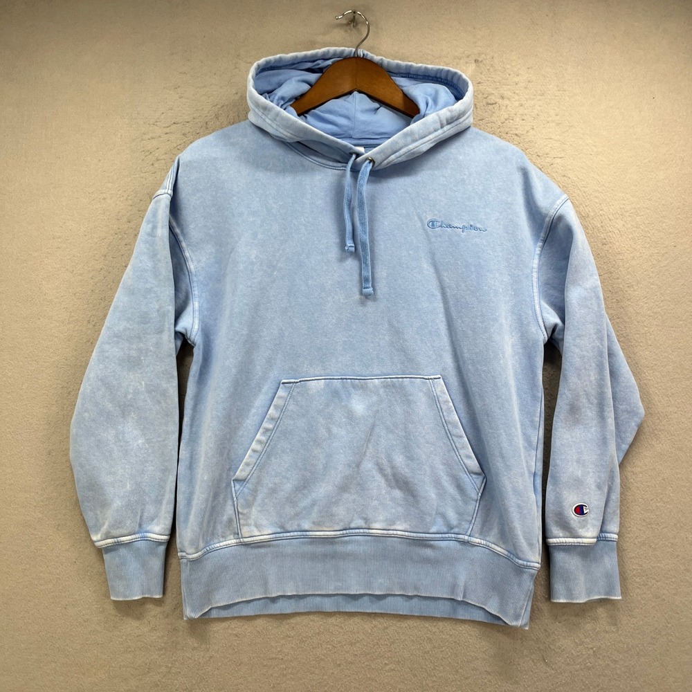 Champion Pullover Hoodie Mens Small Blue Acid Wash Fleece Logo Street Sweatshirt